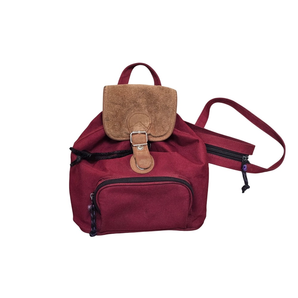 Vintage Canvas Mini Backpack Sling Bag Burgundy Red Suede Trim Convertible Strap
